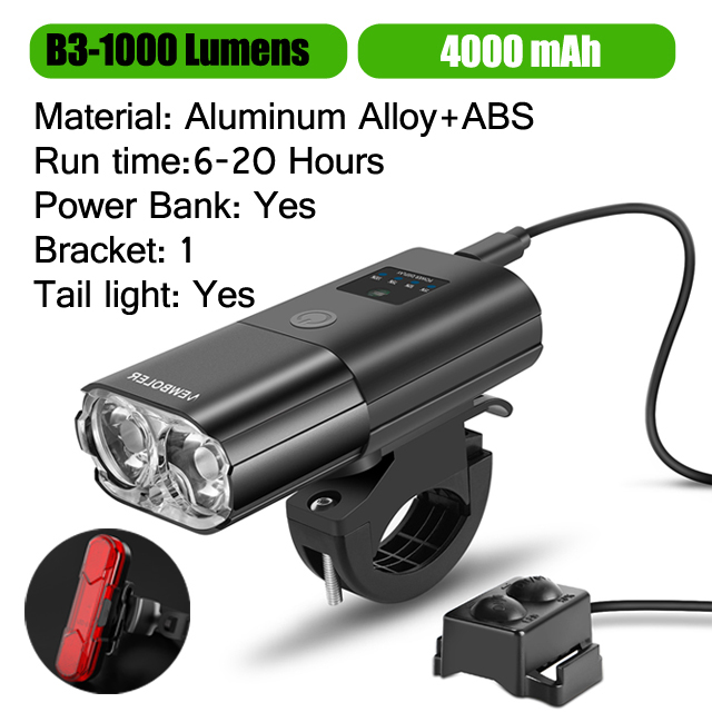 Bicycle Light 1000Lumen 4000mAh Bike Headlight Power Bank Flashlight Handlebar USB Charging MTB Road Cycling Highlight